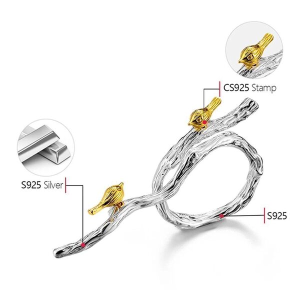 925 Sterling Silver Golden Birds on Branch Adjustable Ring - Picture 8 of 9